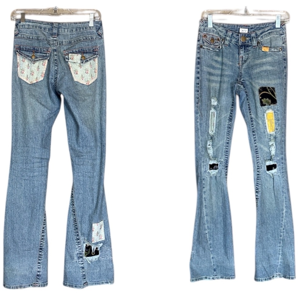 Vintage Cache bell bottom jeans with patchwork and cutout detail Size 0